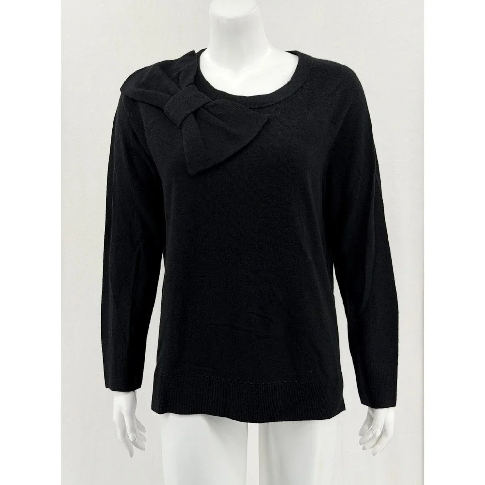 Kate Spade Sweater Women Medium Black Bow Knit Wool Modal Preppy Feminine Staple